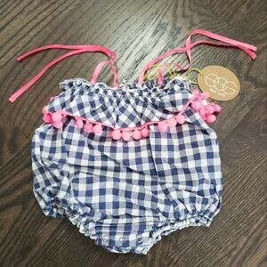 NWT EGG New York Pink Pom Navy Gingham Bubble Ella Romper 3 Months